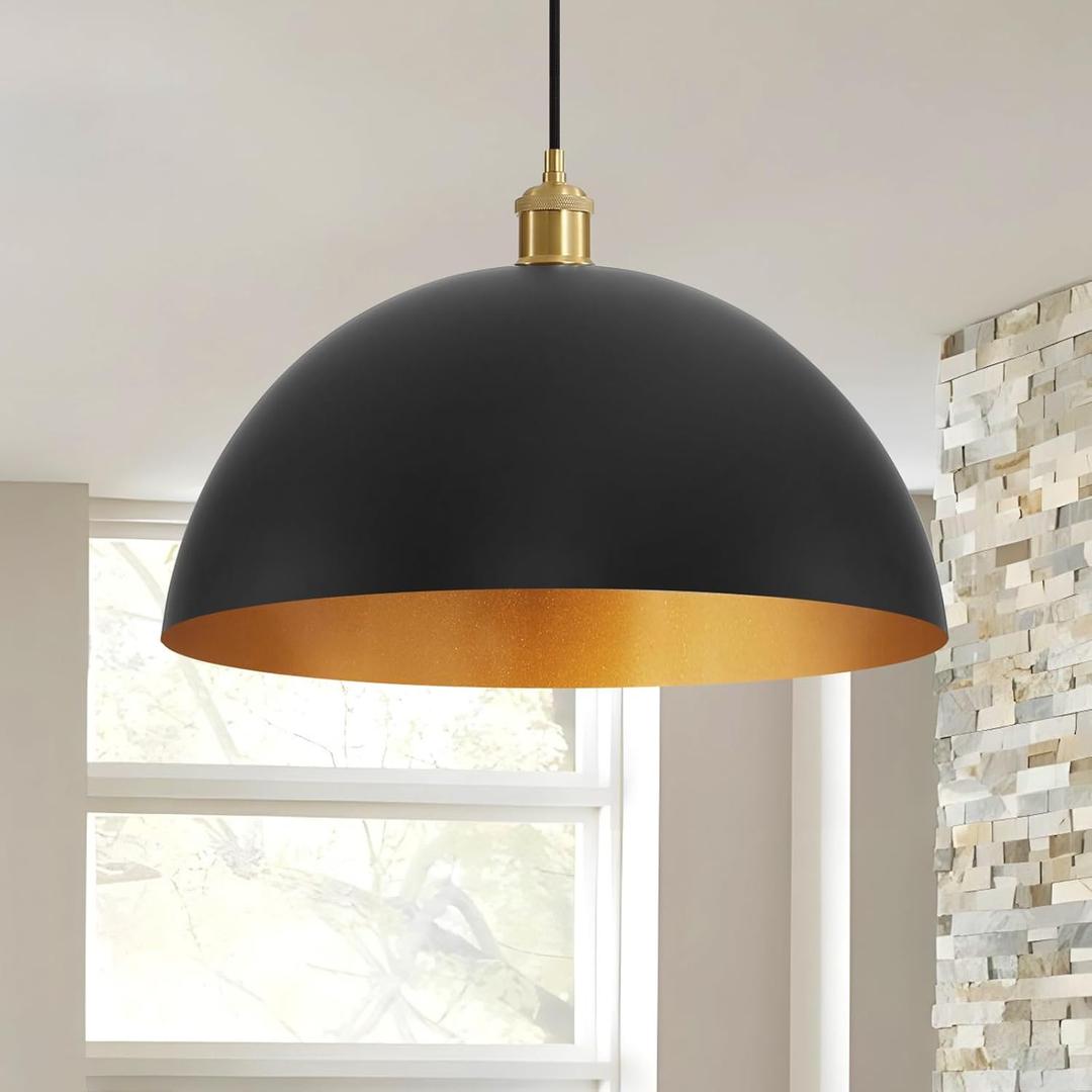 Eustace 17.7" Large Industrial Pendant lamp, Vintage Pendant Light,Black and Gold Finish Dome Pendant Lighting Fixture, Eu6169