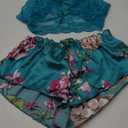 WDIRARA Women's 2 Piece Lingerie Floral Lace Cami Top with Satin Shorts Sleepwear Pajama Set (Large, Teal Green)