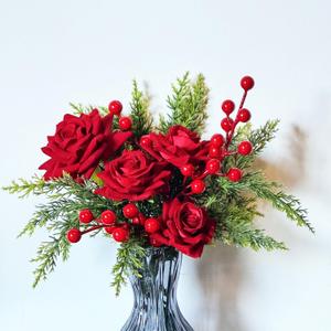 Artificial Flowers, Winter Flowers Artificial - Roses Bouquet with Berry and Pine Stems, 11 PCS Faux Flowers & Plants for Indoor Decoration, Artificial Flowers Bouquet for Holiday, 12 Inch