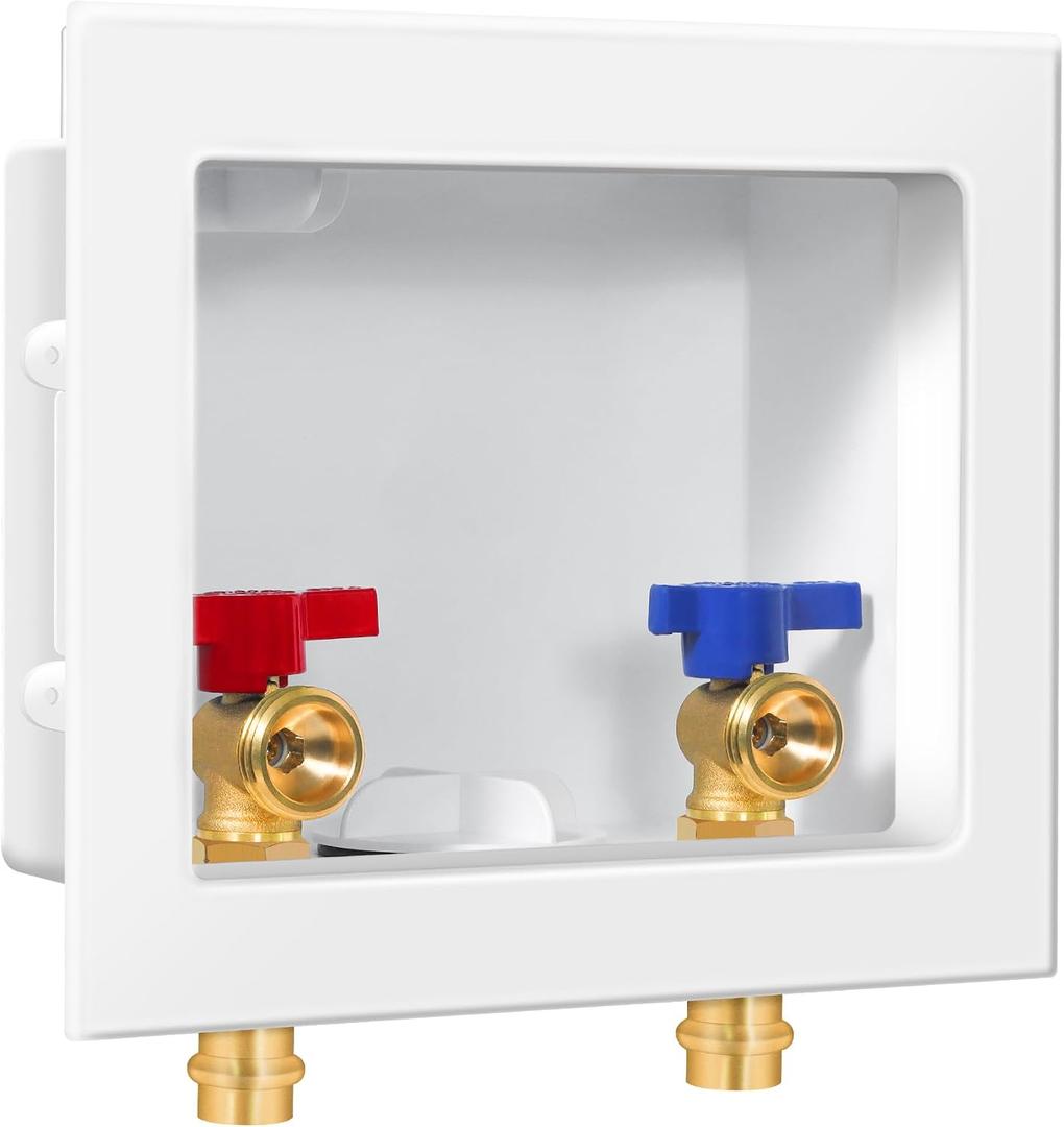 Press Washing Machine Outlet Box with Center Drain, 1/2 Inch Press x 3/4 Inch MHT with Copper Press Connections, Washer Faucet Recessed Box, Press Tool Required for Washer Box