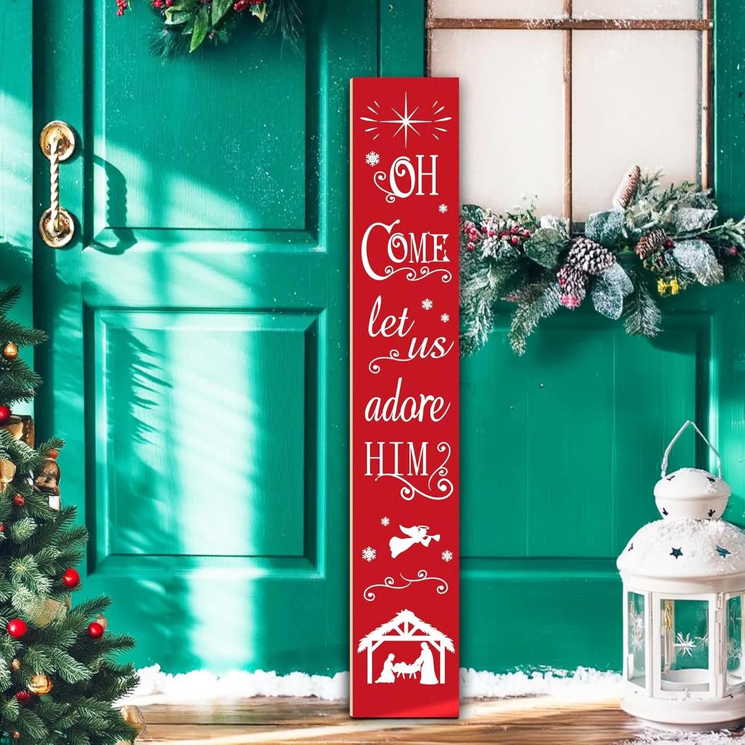 "Oh Come Let Us Adore Him" Christmas Porch Sign  7.8" x 47.2" Rustic Farmhouse Welcome Sign for Front Door, Porch, Patio, or Wall, Indoor/Outdoor Vertical Holiday Decor