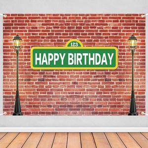 Celchvens 7x5ft Happy Birthday Street Sign Backdrop, 123 Green Sign Brick Wall and Lamp Posts Party Banner, Urban City Theme Birthday Party Photo Booth Background Decoration for Kids & Adults