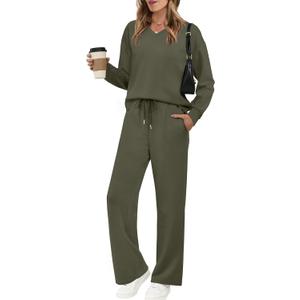 WIHOLL Lounge Sets for Women 2026 V Neck 2 Piece Outfits Airport Wide Leg Pants Matching Set Sweatsuits S