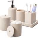 Resin 6 Pcs Beige Bathroom Set Complete with Toothbrush Holder, Lotion Soap Dispenser, 2 Qtip Holder Dispensers,Vanity Tray,Bathroom Tumbler - Countertop Vanity Organizer - Bathroom Accessories Set