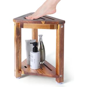 Shower Foot Rest 13.5in, Acacia Wood Shower Stool for Shaving Legs, Small Foot Stool with Storage Shelf, for Inside Small Shower Spaces