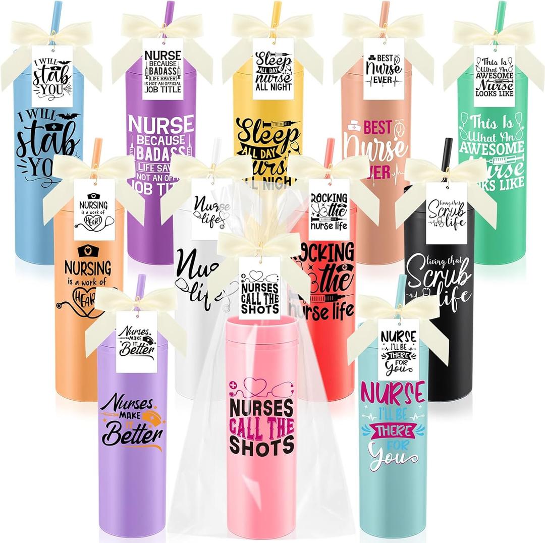 Jinei 12 Sets Nurse Appreciation Gifts Bulk, 16 oz Thank You Nurse Tumblers with Lids and Straws, Positive Cards with Bowknot for Women Men Holiday Office Party Favor(Artistic)