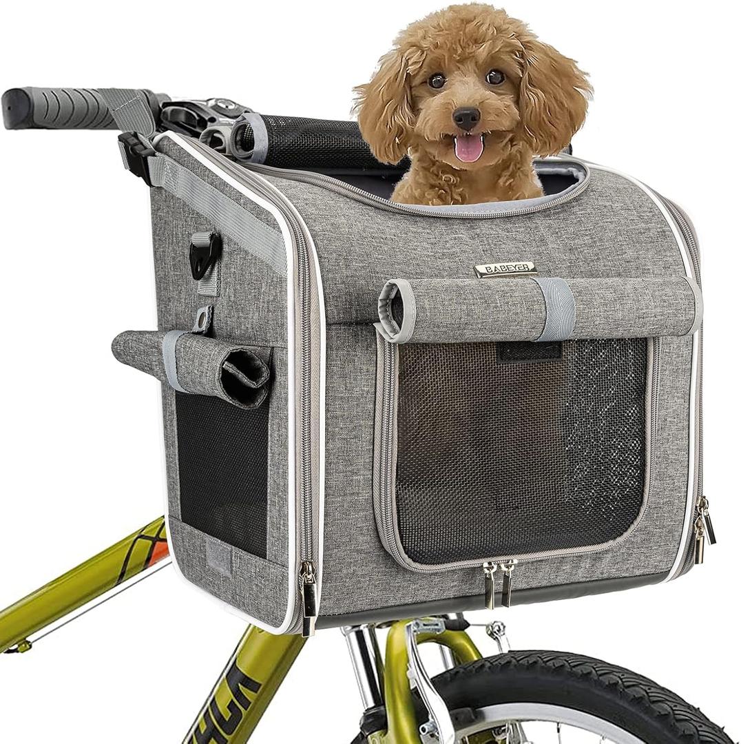 Dog Bike Basket, Expandable Soft-Sided Pet Carrier Backpack with 4 Open Doors, 4 Mesh Windows for Small Dog Cat Puppies - Grey (Grey-Fits 10-18 Lbs)