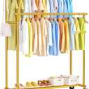 Double Rods Clothes Rack, Gold Rolling Clothing Racks for Hanging Clothes, Metal Portable Garment Rack for Bedroom, Cloakroom, Laundry room