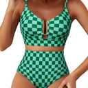Herseas Women 2 Piece High Waisted Bikini Sets U Wire Floral Print Crisscross Back Swimsuits Adjustable Spaghetti Straps Push Up Bathing Suit Vintage Summer Holiday Outfits Green Checkered​ X-Large