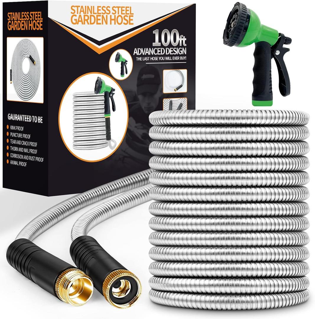 Garden Hose 100ft, Stainless Steel Heavy Duty Water Hose with 10 Function Nozzle Flexible, Lightweight, No-Kink, Pet Proof, Puncture Proof Metal Hose for Yard, Outdoor