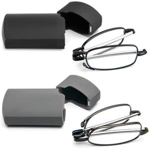 2 Pack Folding Reading Glasses Stainless Steel Mini Anti-Blue Light Blocking Reader for Men Women (2 Pack, black+gray)