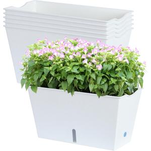Window Box Planter 6 Pcs, 12.1 Inches Self Watering Plant Pots Rectangle Flower Pots with Drainage Holes and Breathable Trays, Vegetable Planters for Windowsill Patio Garden Balcony Porch Yard (White)