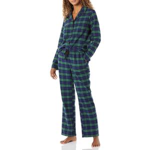 Amazon Essentials Women's Flannel Long-Sleeve Button Front Shirt and Pant Pajama Set (X-Large, Cobalt Blue Green Blackwatch Plaid)