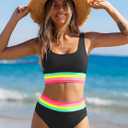 popvil Womens High Waisted Bikini Sets Two Piece Neon Tummy Control Swimsuit 2026 Sporty Rainbow Bathing Suit (Black, M)