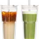 KEMORELA 2PCS 20oz Double Wall Glass Tumblers with Lids and Straws  Insulated Borosilicate Glass Matcha Cups for Iced Matcha Latte, Smoothies, Reusable Travel Glass Cups  Leak Proof 2-in-1 Lid