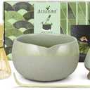 Artcome Matcha Tool Set - Complete Kit with Matcha Bowl with Spout, Bamboo Whisk, Tea Scoop, Whisk Holder, Scoop Holder, Tea Cloth & Powder Strainer, Golden Glaz