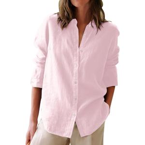 Button Down Shirts for Women Cotton Oxford Shirts Long Sleeve Dress Shirts Collared Blouses Work Casual Solid Tunic Tops (Pink, XL)