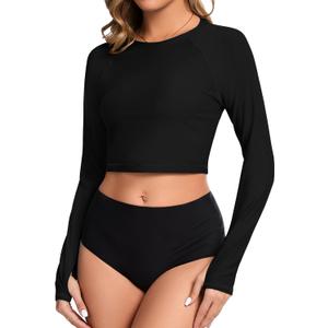 Soneven Women Rash Guard Long Sleeve Crop Top Swim Shirts UPF 50+ Sun Protection Swimsuit Top No Bottom (Small, Black)