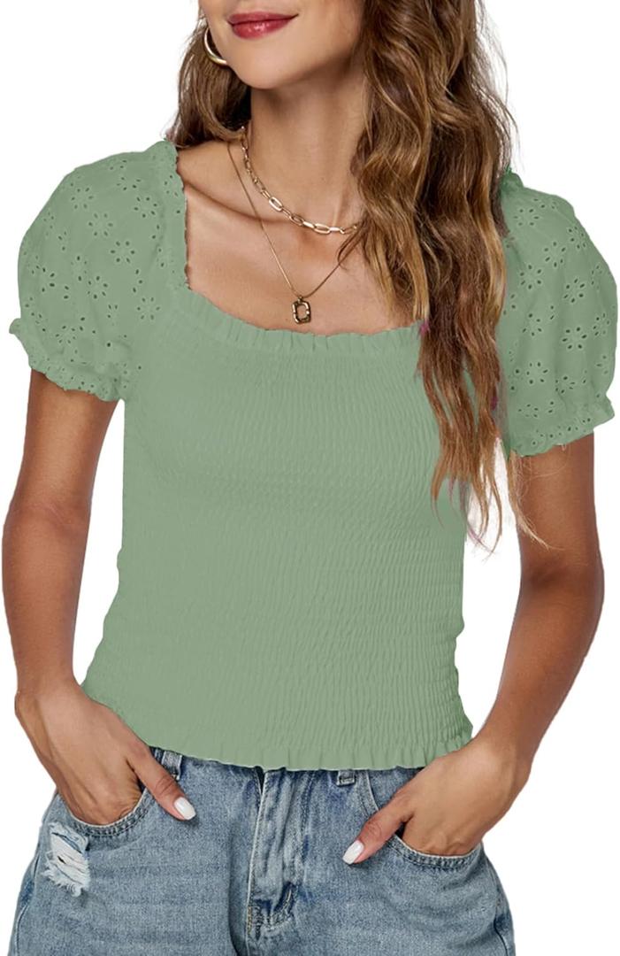 LYANER Women's Square Neck Shirred Eyelet Embroidered Puff Short Sleeve Ruffle Trim Blouse Crop Top (Green, L)