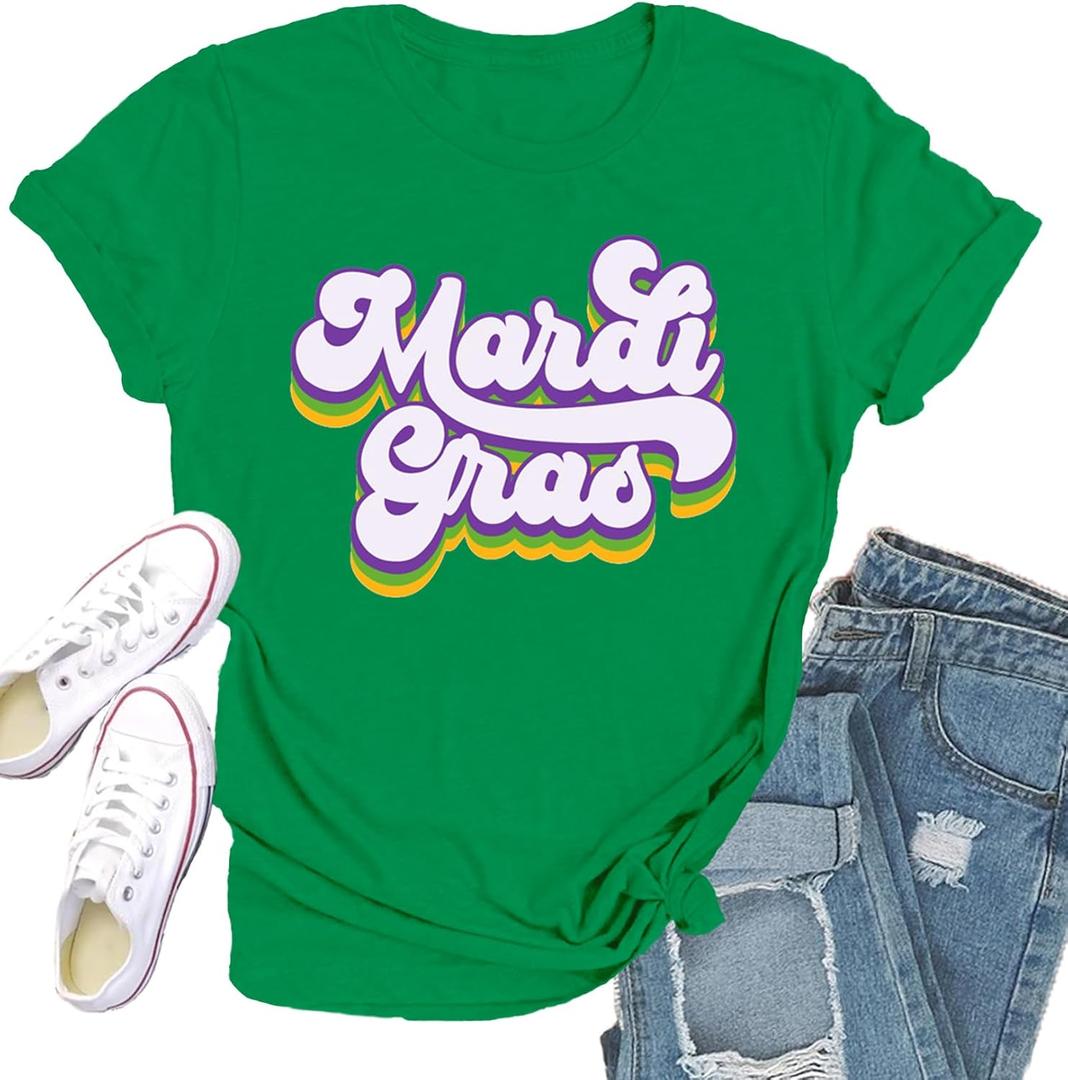 Womens Mardi Gras Shirt Fat Tuesday Shirts New Orleans Tee Tops (X-Large, Green)