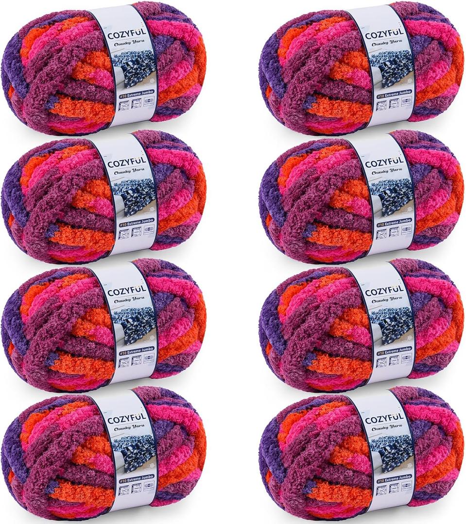 Cozyful Chunky Yarn for Hand Knitting - #10 Chunky Chenille Blanket Yarn, Jumbo Big Thick Chunky Yarns for Crocheting, Tie Dye Bulky Knit Yarns, 8 Skein (25 yds 8 oz Each Skein), Orange&Rose&Purple