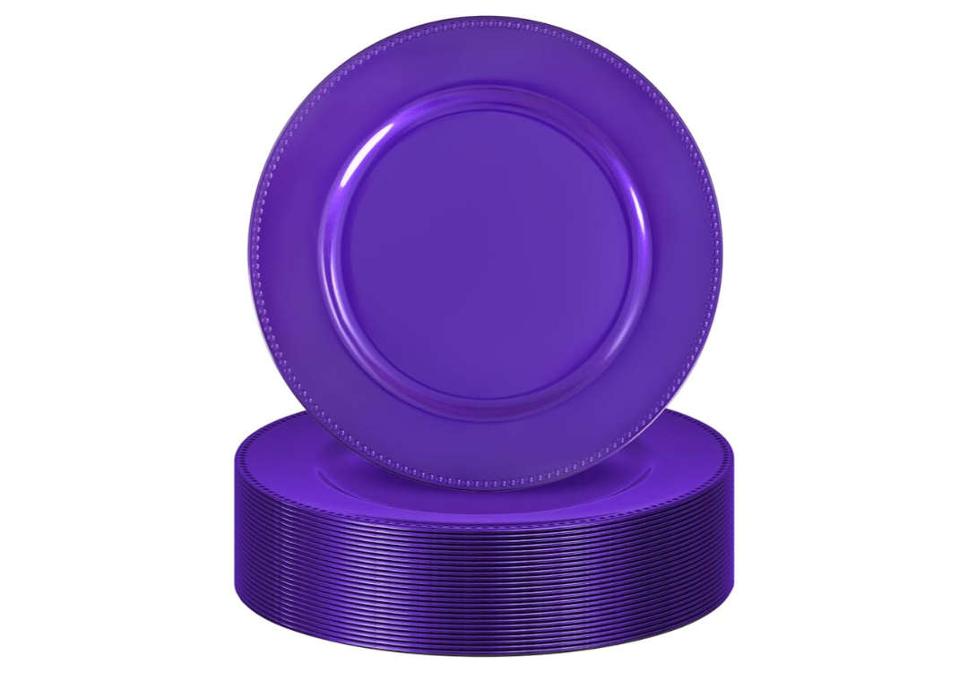50 Pack Purple Charger Plates 13" Plastic Round Charger Plates Dinner Plate With Beaded for Spring Easter Wedding Table Dinner Kitchen Catering Event Party Decoration