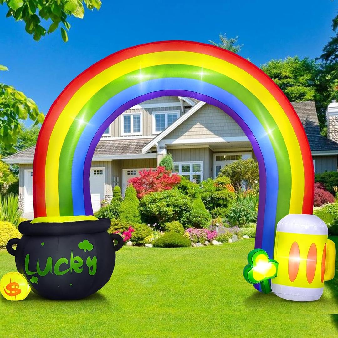 10 FT St Patricks Day Inflatables Outdoor Decorations, St. Patrick's Inflatable Rainbow Archway with Pot & Beer Blow Ups Yard Decoration Built-in LED Lights for Holiday Party Indoor Garden Lawn