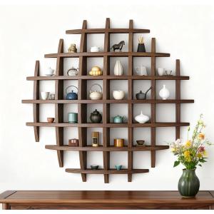 Sphere Solid Wooden Tea Cup Holder,Oversized Hanging Coffee Mug Display Rack Multi Slot Wall Decor Display Cabinet Mug Shelf for Wall for Kitchen Office Living Room(47.247.2'' Dark Brown)