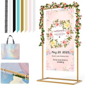 Wedding Sign Holder, 57x31x15"Welcome to Our Wedding Sign Stand Metal Wedding Sign with 8 Pair Satin Ribbon & 2 Pair Leather Sign Straps,Storage Bag, Flower Vine,Heavy Duty Easel Stand for Sign,Poster (Gold)