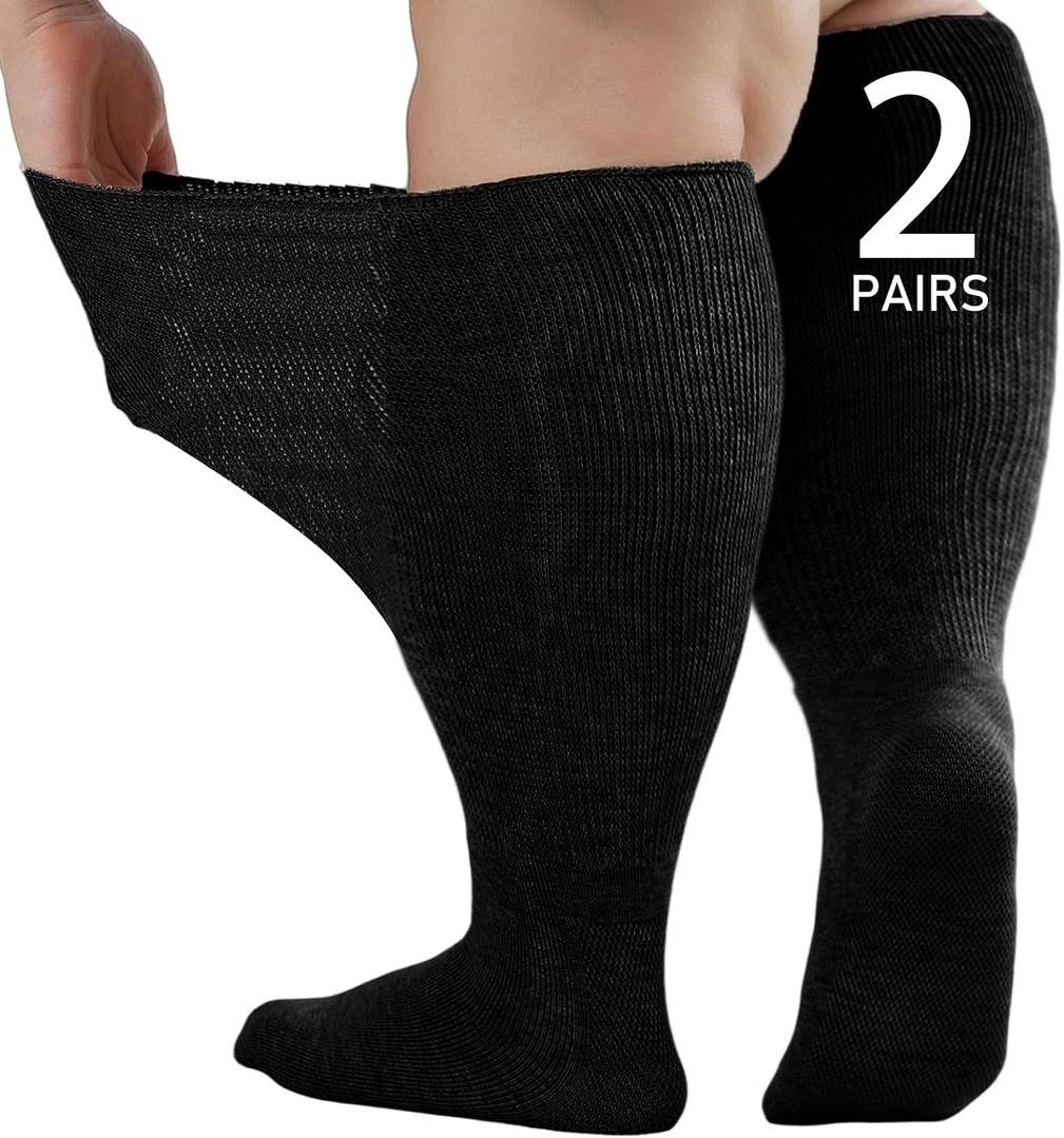 Wide Diabetic Socks for Men Women Plus Size, Extra Long Edema Sock with Thickened Sole, Non-Binding Loose Fit Socks for Swollen Feet, Lymphedema,Neuropathy- 2 Pairs Black