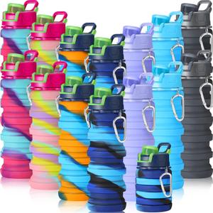 Sunnyray 14 Pack Collapsible Water Bottles Bulk with Hooks 17oz Reusable Leakproof Silicone Sport Foldable Water Bottle for Travel Camping Hiking Cycling Outdoor Party Favors(Dark Color)