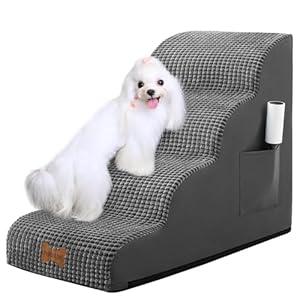 Dog Stairs for Small Dogs, Wide Pet Step with Removable Cover, No Assembly High Density Foam Cat Ramp for Bed or Sofa, 3-Step, Beige (15.7x22.8x15.7in)