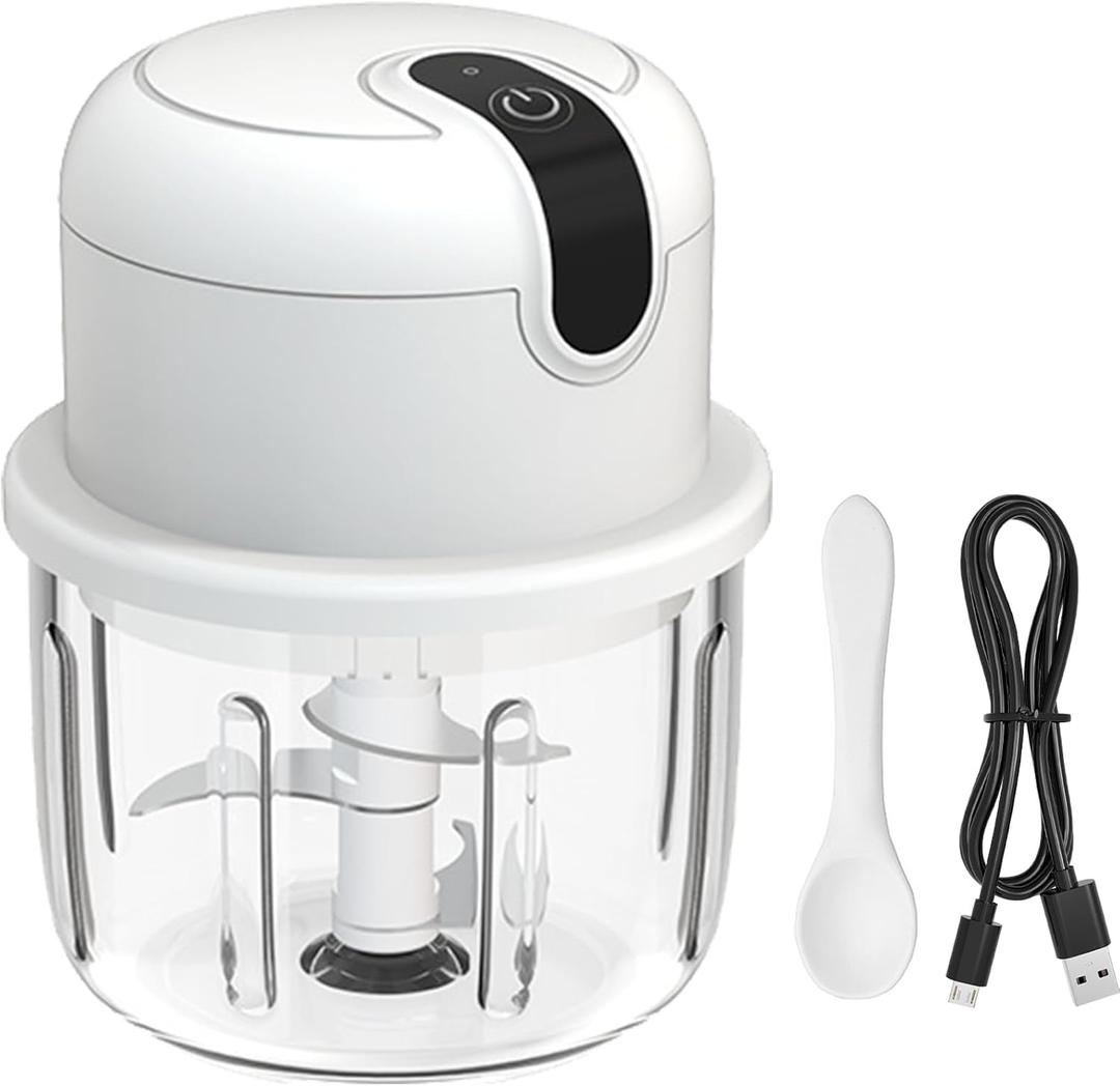 Mini Garlic Chopper, Cordless Electric Garlic Chopper Slicer with GLASS Cup, 10Oz Mini Food Grinder Processor for Small Vegetable Onion Tomato Pepper Herb, Anti-slip, incl USB cable, White
