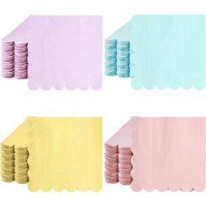 Qilery 100 Pack Pastel Cocktail Napkins Boho Scalloped Edged Paper Rainbow Napkins Disposable Bulk 2 Ply for Wedding Baby Shower Birthday Party Decorations(Macaron Color)