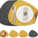 Placemats and Coasters, Washable Reversible Placemats Round Faux Leather Wipeable Place Mats Non Slip Heat Resistant Indoor Outdoor Table Mats (Set of 4, Gray Yellow)