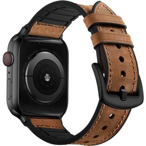 OUHENG Leather Bands Compatible with Apple Watch Band 49mm/46mm/45mm/44mm/42mm, Sweatproof Leather Rubber Hybrid Strap for iWatch Ultra 3/2/1 Series 11 10 9 8 7 6 5 4 3 2 1 SE 3/2/1, Brown/Black