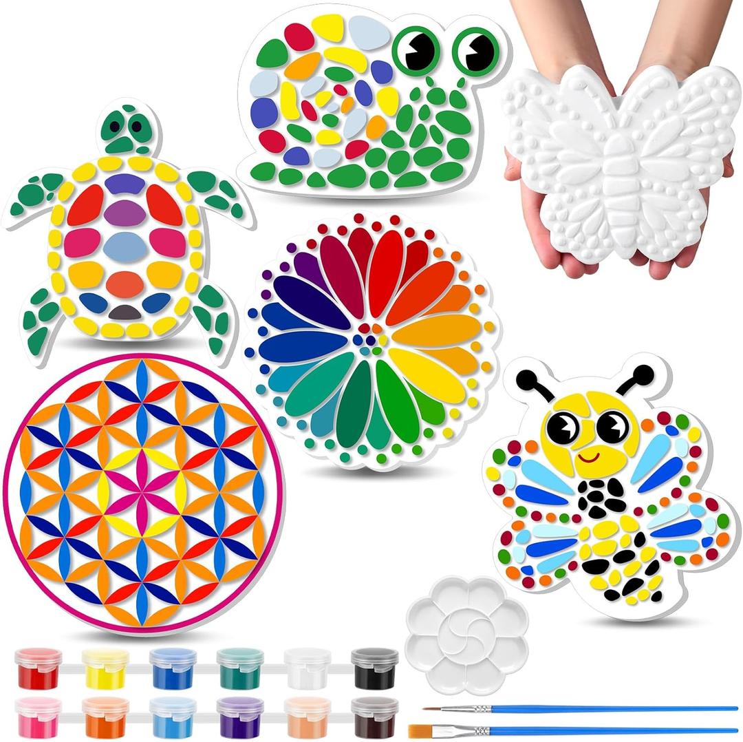 6 Pack Stepping Stone Ceramic Kit for Kids Paint Your Own Plaster Stones Arts and Crafts Handprint Garden and Spring DIY Craft Pottery Outdoor Painting Gifts for Kids Ages 4-12