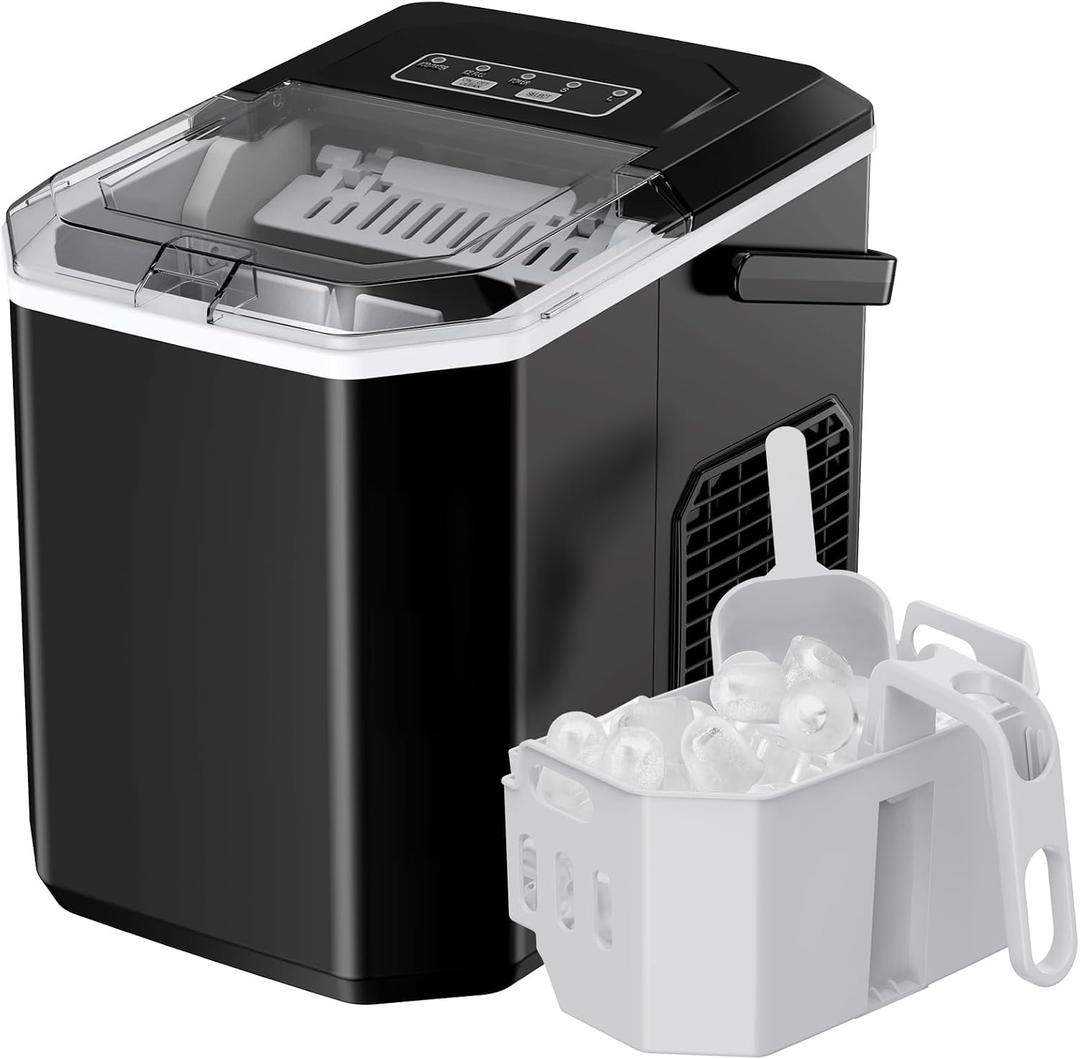 Ice Maker Countertop, Portable Ice Machine with Carry Handle, Self-Cleaning Ice Makers with Basket and Scoop, 9 Cubes in 6 Mins, 26 lbs per Day, Ideal for Home, Kitchen, Camping, RV, Black