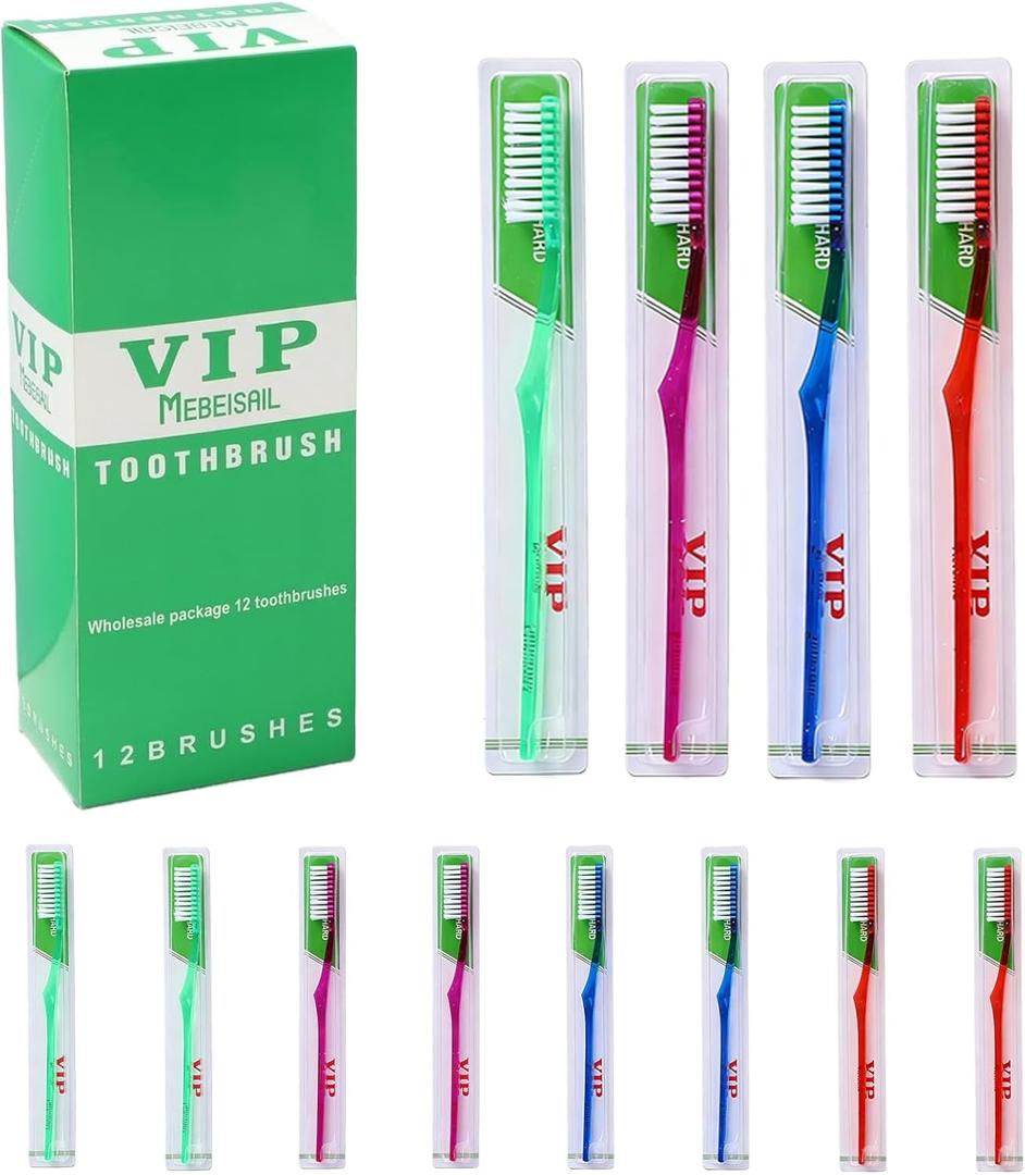 12-Pack Extra Hard and Firm Toothbrush, Firm Bristles Manual Toothbrush for Adults Deep Cleaning, 4 Assorted Colors Bulk Set, Whitening Toothbrush Kit for Family Travel
