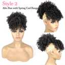 Afro Puff Drawstring Ponytail with Bangs Pineapple Updo Hair for Black Women,Short Kinky Curly Ponytail Bun with 2 Replaceable Bangs(#1B-Black)