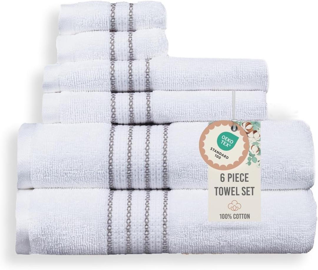 100% Cotton 520 GSM 6-Piece Bathroom Towel Set, White with Gray Stripes