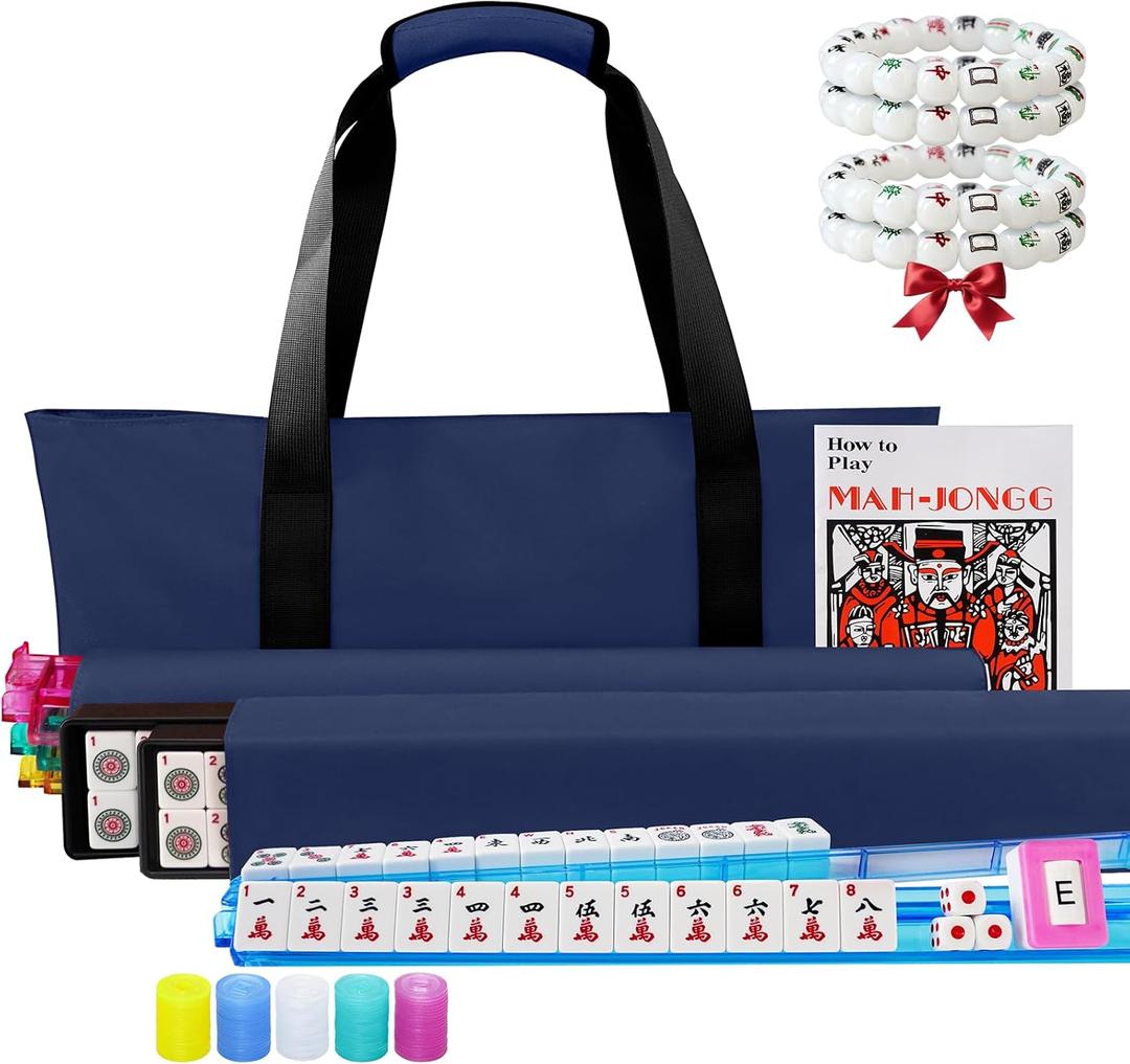 American Mahjong Game Set with Blue Carrying Bag,166 Premium White Tiles (1.2''), All-in-One Color Rack/Pushers, Chips, Wind Indicator, English Manual, Complete Mah jongg, Mahjong Tiles Set (Blue)
