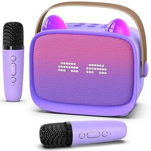 Mini Karaoke Machine Toys Gifts, Kids Portable MP3 Player with 2 Wireless Microphone and LED, Christmas Birthday Gifts for Girls Boys 3 4 5 6 7 8+ Year Old (Purple)