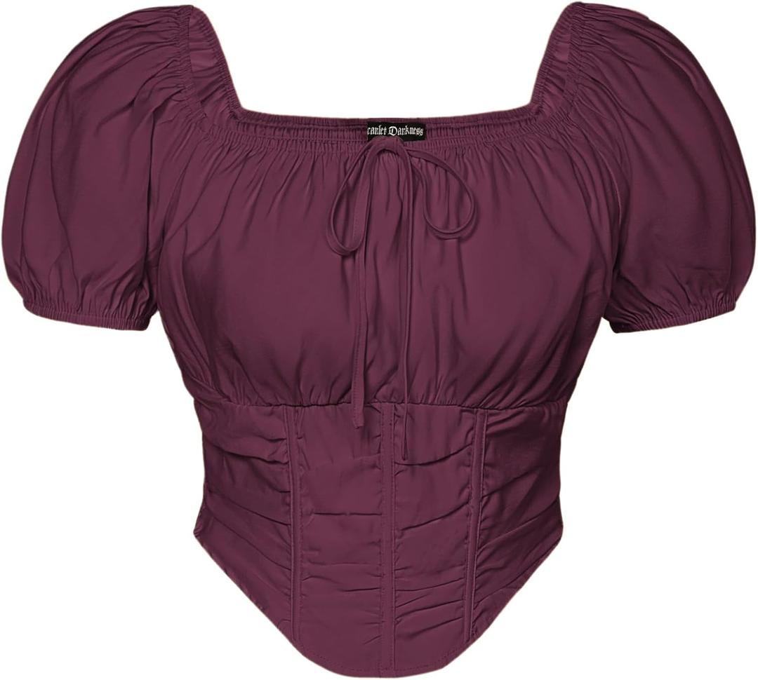 Scarlet Darkness Corset Top for Women Teens Square Neck Short Sleeve Peasant Blouse Red Plum M
