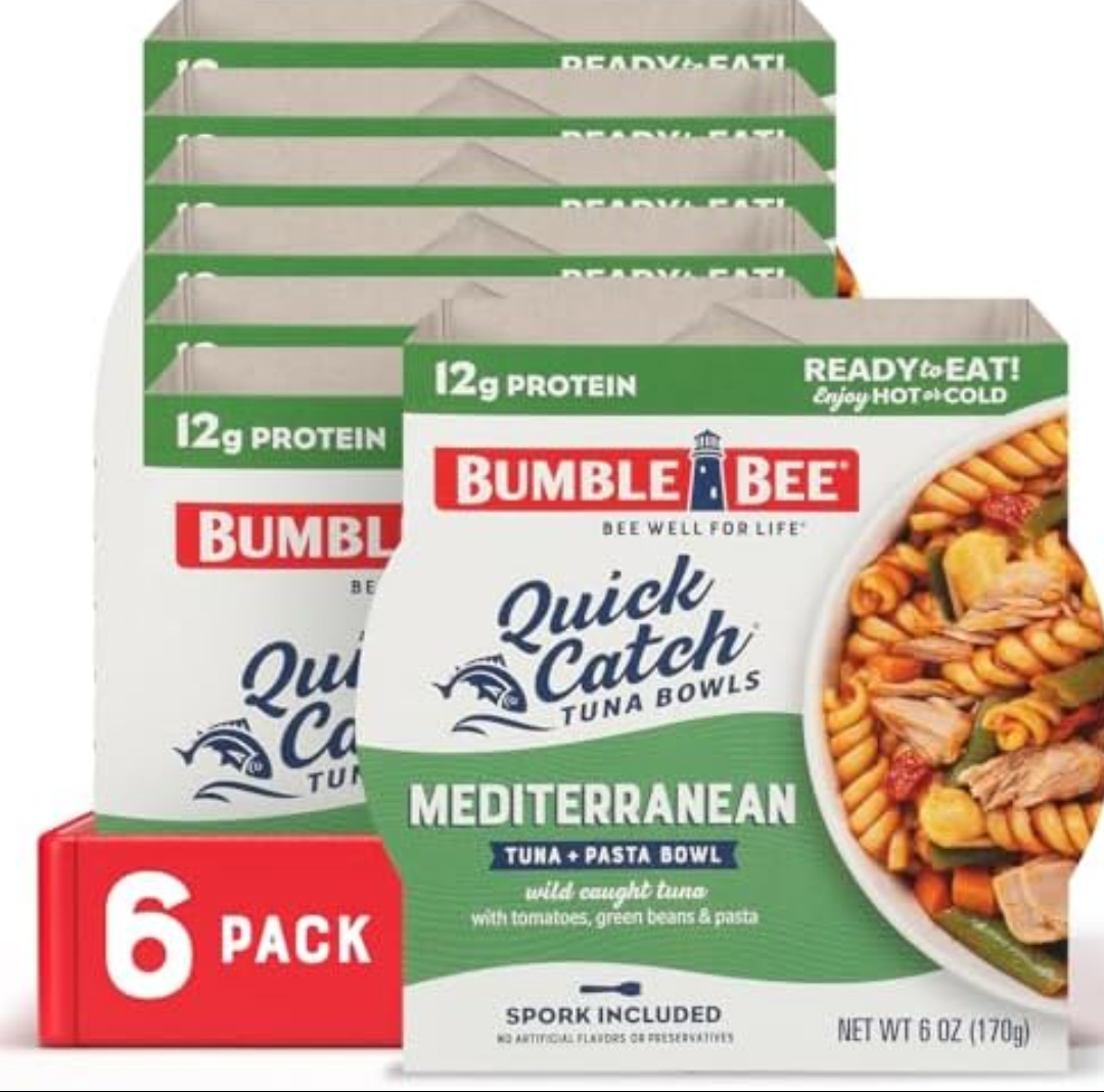 Bumble Bee Quick Catch Mediterranean Pasta, Wild Caught Tuna and Pasta Bowl, 6 oz (Pack of 6) - Ready to Enjoy, Spork Included - 14g Protein per Serving - No Artificial Flavors - Good Source of Fiber, Best Buy Feb 2026