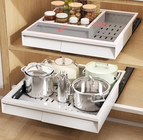 Seinloes 1 Pack Pull Out Cabinet Organizer Expandable Width(11"-15.5") & Depth(12.2"-16.3"), 3 Slide Rails Slide Out Drawers with Handle, Includes Raising Pad for Framed Cabinets, White