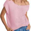 Balimtoy Women Off One Shoulder Crochet Sweater Top Asymmetrical Short Sleeve Loose Going Out Tops Casual Knit Tshirt (Large, Pink)