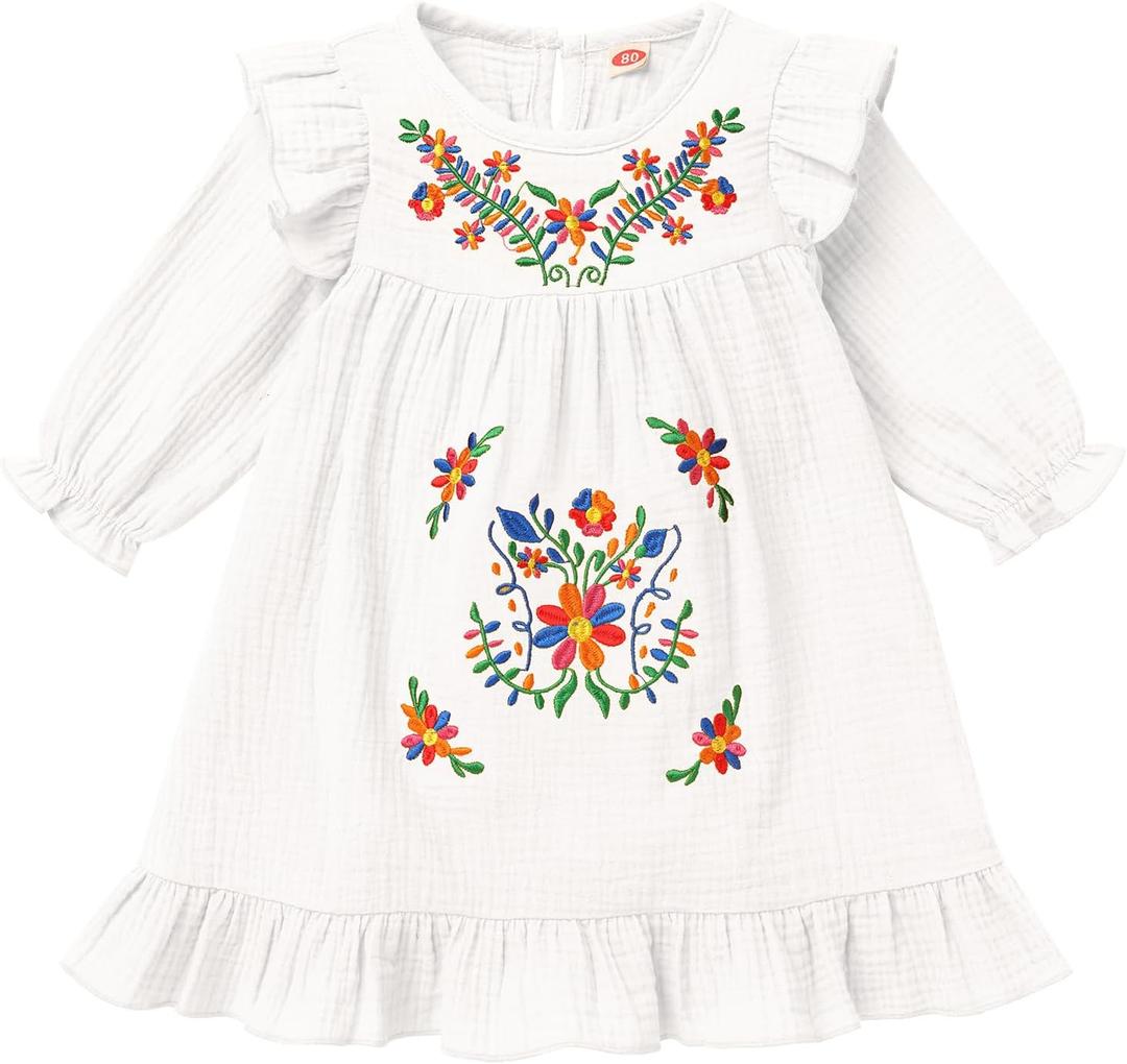 FYMNSI Baby Little Girl Mexican Ethnic Embroidery Floral Dress Casual Dresses Kids Long Sleeve Ruffle Beach Holiday Sundress (3-4T, White)