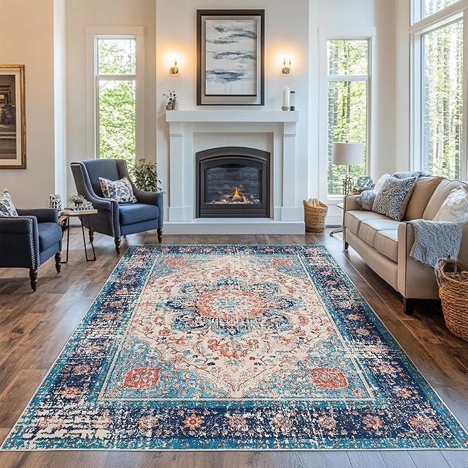 Living Room Rugs 5x7 Washable Boho Area Rug Vintage Low Pile Playroom Mat Indoor Floor Carpet Boho Rugs for Bedroom Entryway Laundry Room(Multi Color,5x7ft)