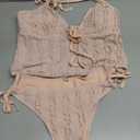 ZAFUL Tankini Swimsuits for Women Smocked Ruffles Tie Front Bowknot Textured High Cut Tanga Tankini Set(Pink L)